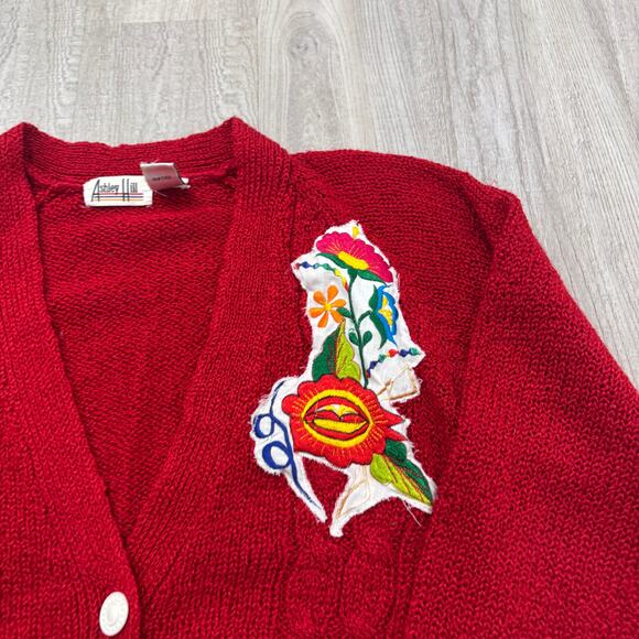 Vintage Ashley Hill Cardigan Sweater Women's Small Red Knit Floral Flower 90s - Picture 3 of 8